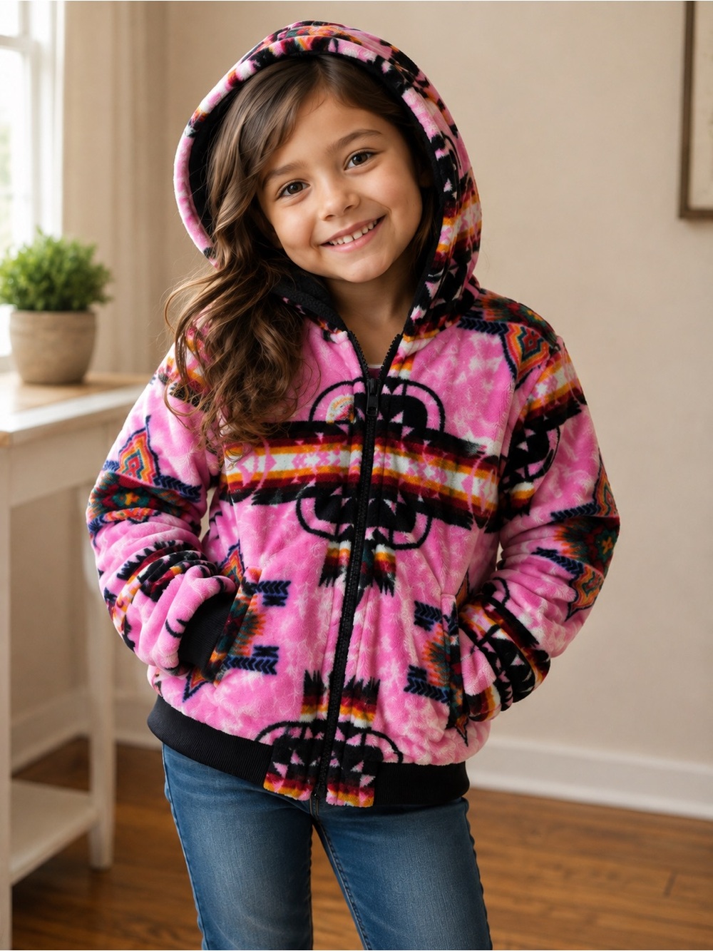 Girls Pink Aztec warm Fleece Hoodie Jacket | Size 5 | Cozy Winter Zip-Up